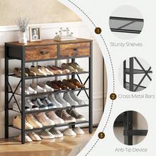 YATINEY 5 Tier Shoe Rack, Large Capacity Shoe Storage Organizer, Metal Shoe Shelf With Drawer And Wooden Top, 16 Pairs Of Shoes, Entryway, Closet, Rustic Brown And Black SS25BRY1N1