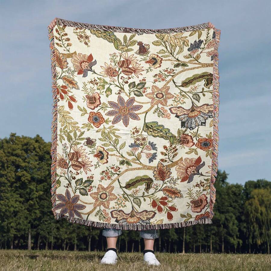 Outdoor Blanket With Bohemian Floral Pattern, Jacquard Woven Throw Blanket - Suitable For Picnic, Camping, Sofa, Nap, Air Conditioning, Wall Hanging, Thick & Soft, Non-Fading & Pilling