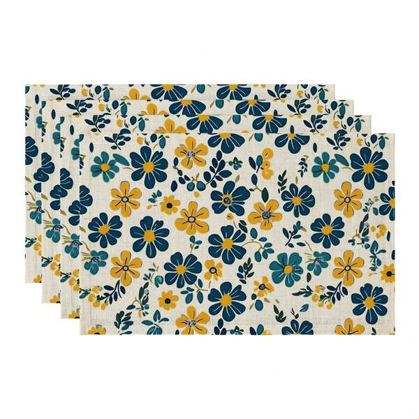 Boho Tischsets 6er-Set, 45x30 cm Abwaschbare Leinen Platzsets, Rustikale Vintage Tischsets, Hitzebeständige Florale Tischdekoration, Aquarell Blaue und Gelbe Blumen