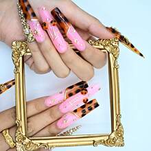 Luxury Handmade Long Stiletto Press On Nails, Pink, Tortoise Shell Base, Gold Accents, Reusable Concert Style Summer Easter - Hồng - Xem 6