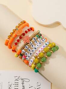 10pcs/Set Thanksgiving Day Soft Clay Letter Beaded Maple Leaf Charm Bracelet, Autumn Color, Fashion Accessory For Women