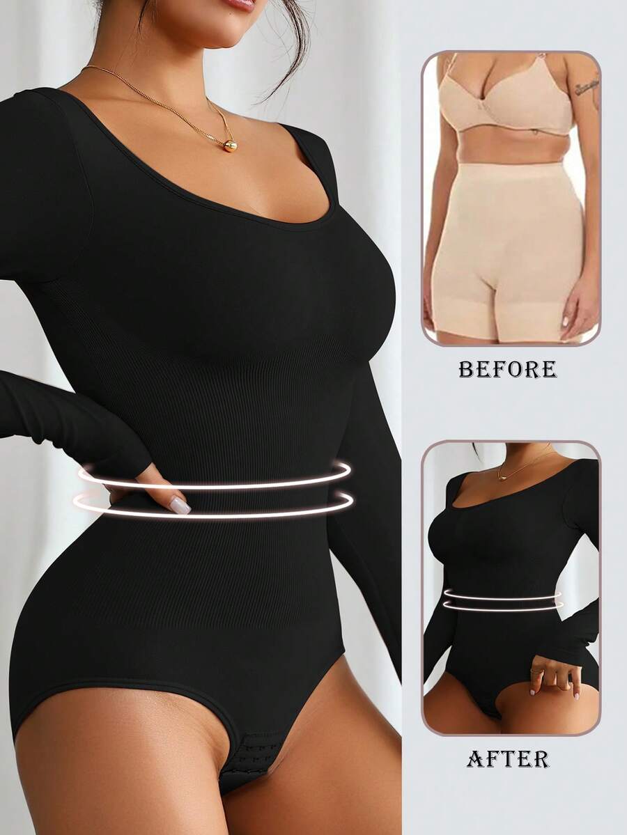 Europe And The United States Women's Non-Marking Solid Color Sexy Round Neck Long-Sleeved Abdominal Corset Buttocks Shaping Corset (Micro Shaping)