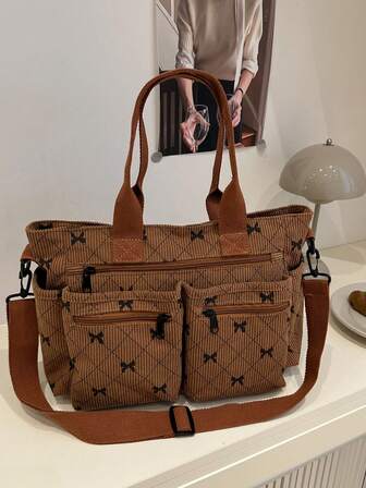 Fashionable Minimalist Large Capacity Multi-Pocket Shoulder Tote Bag, Suitable For School, Work, Travel And Business, Can Be Worn Crossbody