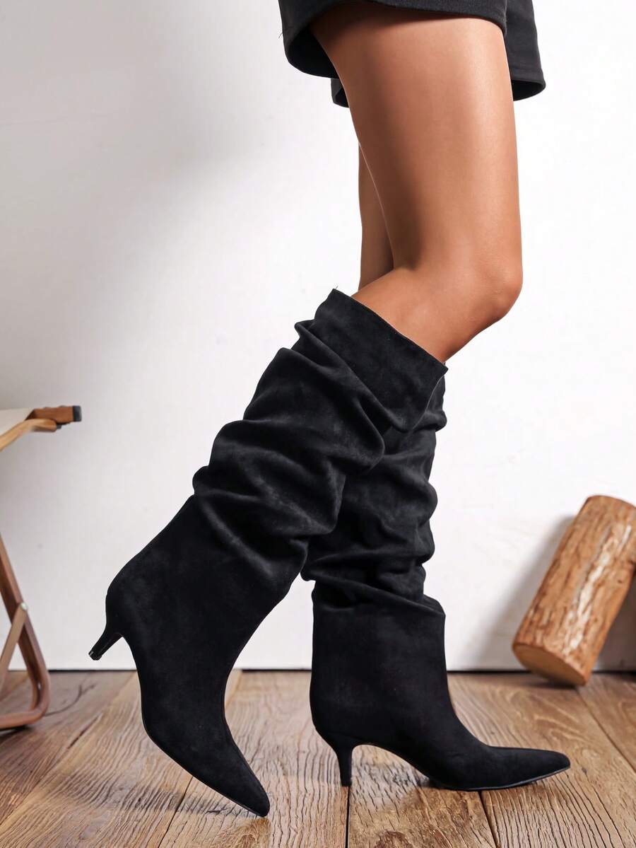 wellspring Women's Fashionable Pointed Toe Mid-Calf Boots, Wrinkled Design, Glamorous & Sexy, Suitable For Party, Wedding, Formal Events - Black - View 1