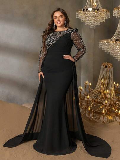 Style ​Plus Elegant Plus-Size Formal Evening Gown With Round Neckline And Flowing Mermaid Fishtail Hem, Sheer Long Sleeves With All-Over Sequin Embellishment, Body-Hugging Silhouette And Back Zipper Closure, Detachable Long Train For Versatile Styling, Perfect For Black-Tie Galas, Wedding Receptions, Red Carpet Events, Opera Premieres, And Luxury Charity Dinners.