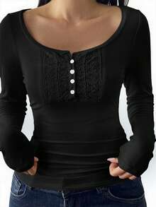 阳光女孩风格春季情人节女士返校蕾丝拼接半开领纽扣设计休闲修身长袖黑色针织T恤 - 黑色 - 查看 8