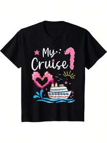 My First Cruise" ' T-Shirt - Soft Cotton, Crew Neck, Short Sleeve, Fun Vacation Theme With Cartoon Ship & Waves Design, Pink & Blue Print, Casual Summer Tee For Toddlers, First Cruise Wear| Casual Clothing| Soft Cotton Tee