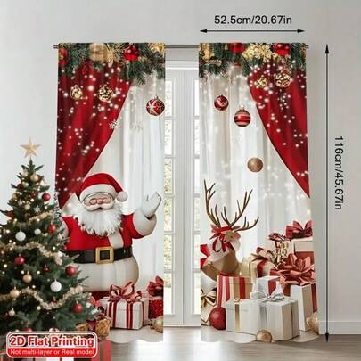 Cortinas estampadas com Papai Noel, árvore de Natal, rena de Natal, flocos de neve de Natal, ramos de pinheiro de Natal, bolas douradas de Natal, presentes de Natal e fundo natalino (2 peças) - Cortinas com bainha para varão, decoração para quarto, sala de estar, cozinha, casa e janelas. Decoração natalina para o lar.