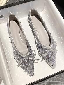 zuandashu 0.5码可爱优雅银色亮片平底芭蕾舞鞋，尖头蝴蝶结套脚休闲乐福鞋，舒适工作鞋，适合34-43码女性，春、夏、秋季百搭 - 銀色 - 查看 4