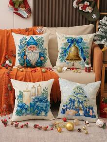 1 pieza/4 piezas Funda de almohada de lino con estampado de árbol de Navidad y duende regalo, 17.7*17.7 pulgadas/45X45cm, funda de cojín decorativa para habitación, dormitorio, sofá, sin relleno de almohada