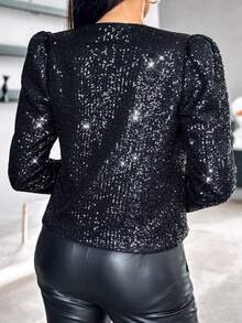 ChicMe Áo khoác blazer hở trước lấp lánh đính sequin cho nữ có đệm vai, tay bồng, dài tay, màu trơn, thời trang sang trọng, mặc dự tiệc cocktail - màu đen - Xem 3