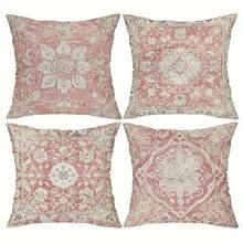 4PCS Bohemian Throw Pillow Covers - 17.7*17.7 Inches, Single-Side Pink Retro Print, Farmhouse Decor For Indoor/Outdoor, Porch, Living Room & Sofa, Machine Washable With Zipper (No Insert)