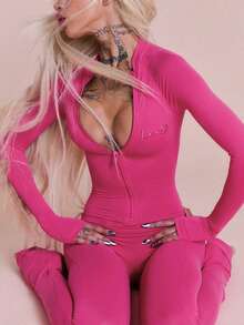 New Fashionable Personalized Street Style Commuter Tight Zip-Up Long Sleeve Jumpsuit Spring Elegant - Hot Pink - View 2