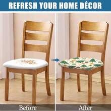 1/4/6/40 buc Brad de Crăciun verde cu globuri galbene ornamentale; Cutii de cadou colorate cu hârtie de împachetat și panglici; Bomboane și bastoane de acadea imprimate; Husă de scaun detașabilă și elastică din fibră de lapte, huse pătrate pentru scaune pentru sufragerie, bucătărie, restaurant, scaune de hotel, husă moale pentru pernă.