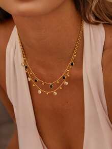 1pc Fashionable Cubic Zirconia Pendant Necklace, Elegant Stainless Steel Bead Pendant Choker Necklace, Suitable For Women's Daily Or Party Wear, Sexy Collarbone Chain Accessory - Gold - View 1