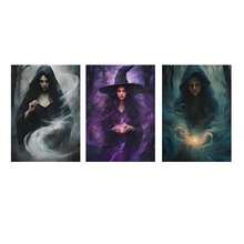 3 pièces Peinture de décoration d'Halloween sorcière de la forêt magique, affiches murales sur canevas, impression haute définition avec cadre en option, affiche rétro de l'académie sombre, décoration murale pour le salon et la chambre à coucher