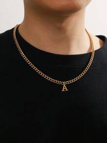 1pc Minimalist Stainless Steel Letter Pendant Necklace For Men, Suitable For Travel And Photo Wearing - Yellow Gold - View 1