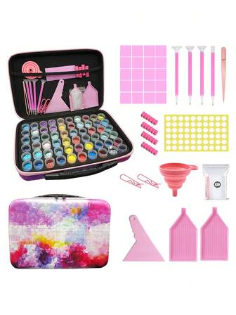 1 طقم 60 فتحة حاوية تخزين لملحقات الرسم بالألماس الوردي، طقم أدوات الرسم بالألماس الاصطناعي، قمع سيليكون قابل للطي وأداة تصحيح الطين، مجموعة ملحقات أدوات الرسم، مع حقيبة تخزين مطبوعة بألوان متنوعة، هدية عيد للمحبين الرسم بالألماس، مثل هدية رأس السنة الصينية