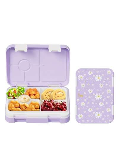 Bento Lunch Box – Leakproof Lunch Container With 5 Compartments, Reusable Meal Prep Snack Box, Portion Control Lunchbox For Kids & Adults, School, Office, Travel & Picnic Food Storage (Purple Daisy)