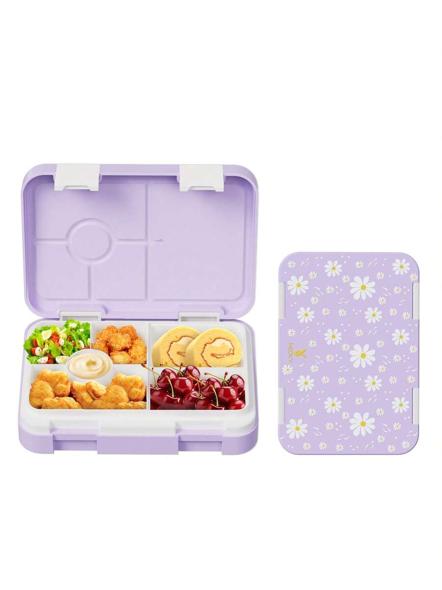 Meoky 810ml 5-Compartment Bento Box, Leak-Proof Lunch Box, Convenient Meal And Snack Prep Divided Food Storage Container, Suitable For School, Office, Travel And Picnic. (Purple Daisy) - Purple - View 1