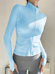 女士专业无缝拉链夹克，紧身剪裁，适合跑步、健身、瑜伽 - 淺藍色 - 查看 6