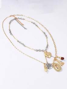 1 件复古奢华高端设计双层链条分层心形和几何吊坠项链，适合女士休闲装 - 鏈條項鍊 - 查看 4