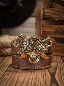 1pc Boho Western Cowboy Style Poker Embossed Metal Buckle Vintage Dark Brown PU Leather Belt Summer, School Casual, Business, Boyfriend Husband Father Dad Men Gift, Daily Wear, Fashion, Teen, Outdoor, Vacation, Athletic, Travel, Street, Boho, Vintage Fall, Autumn, Halloween Autumn-Winter Accessories,Suitable For Teens, Youth,Men,Casual, Outdoor, Athletic, Vacation, Graduation Gifts, Birthday, Daily Wear - As Shown - View 19