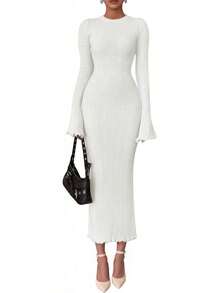 2026 Women's Fall Winter Bell Sleeve Crew Neck Ribbed Knit Bodycon Sweater Maxi Dress - 白色 - 查看 1