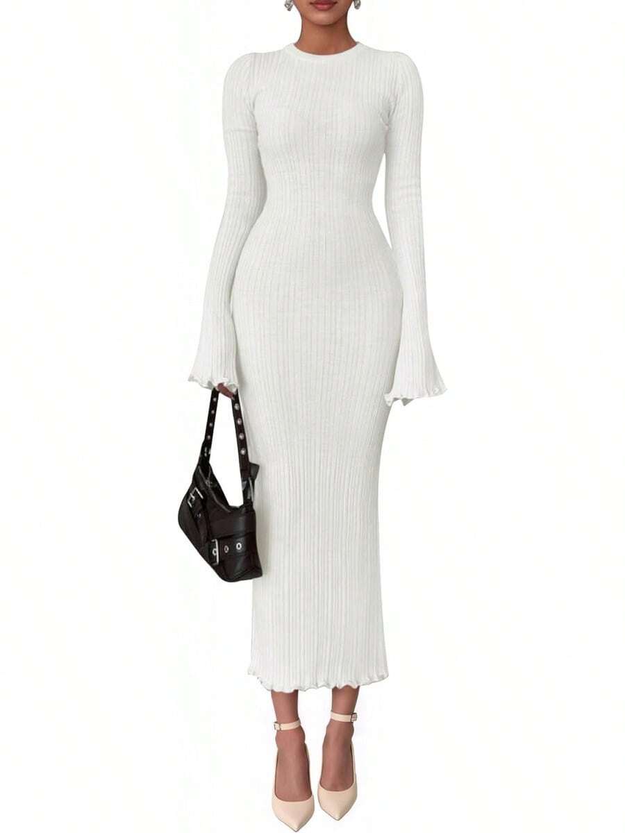 2026 Women's Fall Winter Bell Sleeve Crew Neck Ribbed Knit Bodycon Sweater Maxi Dress - 白色 - 查看 1