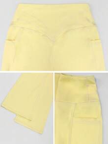 女士高腰瑜伽喇叭裤，带口袋 - 宽腰带，舒适，弹力，靴型紧身裤 - 黃色 - 查看 4