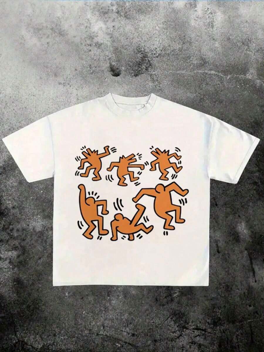 Keith Haring - Inspired Artistic T - Shirt - 180g Heavyweightgraphic Tees Men Shirts Streetwear White Shirt Black Shirt - White - View 1