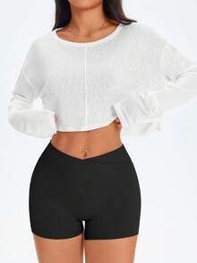 Women's Solid Color Drop Shoulder Long Sleeve Activewear T-Shirt, Autumn