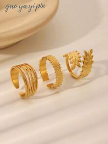 3 件 18K 金不锈钢时尚经典欧美风格光面镂空几何圆形扭曲戒指套装，适合女性日常佩戴、生日、母亲节礼物 - 金色 - 查看 2
