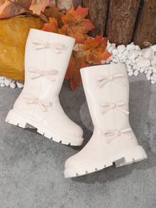 1 Pair Toddler Girls' Soft & Comfortable Cream White Tall Boots, Bow Decor, Side Zipper, Round Toe, Warm Lining, Fashion Leather Boots, Suitable For 3-15 Years Old Students, Daily, Vacation, Campus, Autumn/Winter