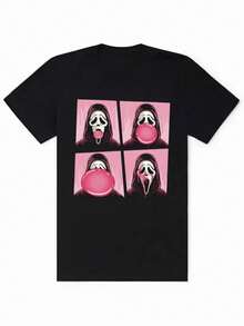 Camiseta playera básica gráfica estampada casual dama mujer manga corta cuello redondo look casual relajado cómodo versátil fresca ligera colorido diseño halloween día de muertos máscara chicle susto disfraz pop - Negro - Ver 1