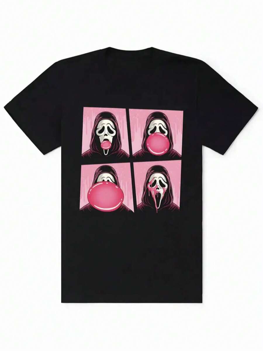 Camiseta playera básica gráfica estampada casual dama mujer manga corta cuello redondo look casual relajado cómodo versátil fresca ligera colorido diseño halloween día de muertos máscara chicle susto disfraz pop - Negro - Ver 1