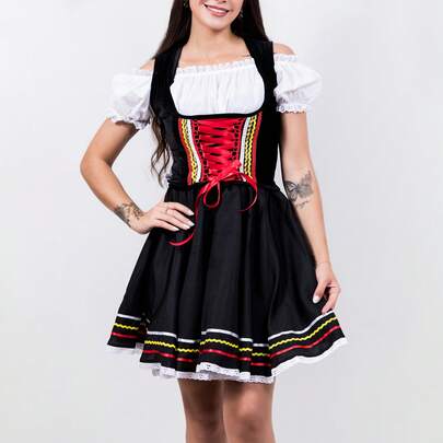 Vestido Alemã Oktoberfest Frida Camponesa Festa da Cerveja  Bainha com babado  Franzido  Plissado