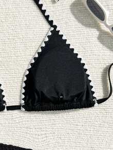 女式夏季海滩花卉装饰修身露背吊带比基尼泳装 - 黑色 - 查看 5