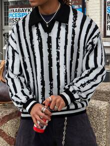 Maglione casual a righe con scollo a V e maniche lunghe da uomo, pullover lavorato a maglia con vestibilità ampia e versatile, adatto per primavera, autunno e inverno