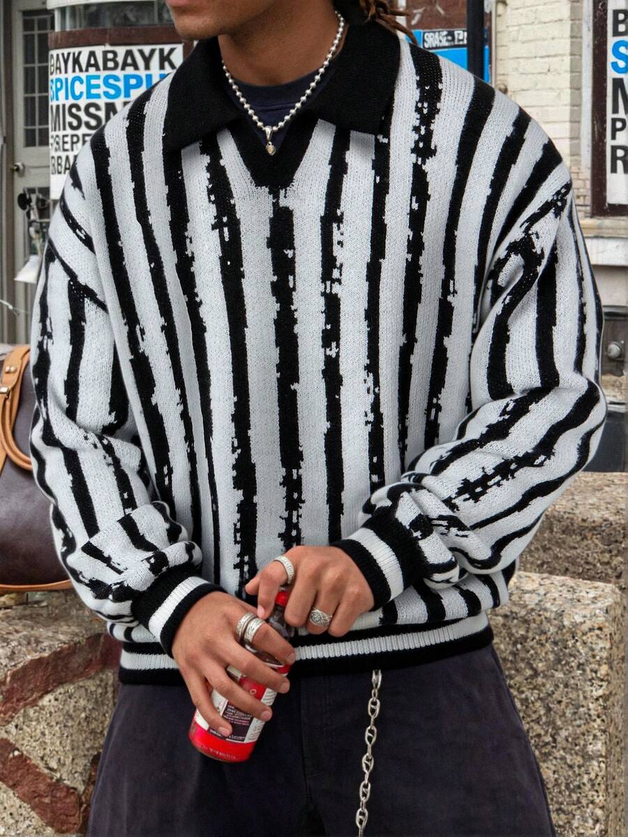 Maglione casual a righe con scollo a V e maniche lunghe da uomo, pullover lavorato a maglia con vestibilità ampia e versatile, adatto per primavera, autunno e inverno