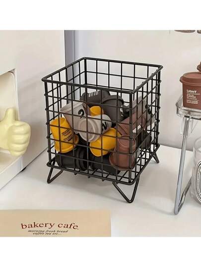 1件大容量铁艺桌面杂物收纳咖啡胶囊收纳架北欧风-锻铁咖啡胶囊篮展示架桌面杂物收纳简约黑色收纳盒用于存放咖啡胶囊