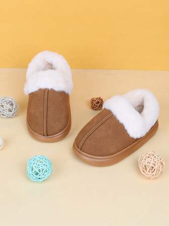 1 Pair Warm Slippers, Suitable For Winter, Unisex, Simple Flat Non-Slip Soft Thick Brown Warm Slippers