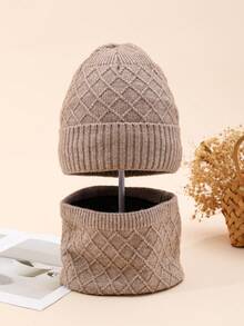 2pcs/Set Solid Color Knit Hat + Scarf, Autumn/Winter Outdoor Sports Fishing Essential, Diamond Pattern Knitted Hat & Scarf Set, Unisex Knitted Blend, Fashion Versatile Winter Beanie & Scarf