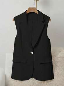 Damska swobodna elegancka uniwersalna minimalistyczna jednokolorowa kamizelka z kieszeniami i imitacją klapy, lekka, uniwersalna do dojazdów do pracy - Czarne - Zobacz 2