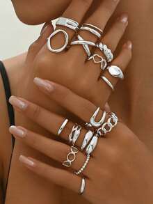 12/16pcs Geometric Asymmetrical European & American Luxury Heart Design Open Ring Set, Unique Personalized Rings Suitable For Women Party, Date, Ball, Birthday Gift, Daily Matching - Gold - View 3