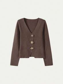 FOR BEAUTY Autumn And Winter New Women's Solid Color V-Neck Irregular Button Knitted Cardigan Women's Long Sleeved Top, Fashionable, Simple, Elegant, Atmospheric, Casual, Versatile, Lazy Style Suitable For Daily Commuting, Sweater Coat Autumn Women's Clothing Autumn Christmas New Year