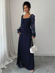 LilyHouse Women's Elegant Casual Long Sleeve Waist Cinched Dress With Floral Applique, Suitable For Dates, Parties, Weddings, Valentine's Day