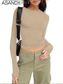 3pcs/Set Women Crew Neck Long Sleeve Solid Color T-Shirts, Slim Fit Casual Pullover Tops Spring - Light Apricot Khaki - View 7