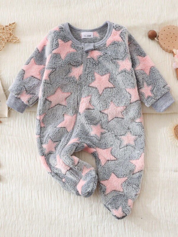 Baby/Kleinkind Mädchen Sternenmuster Flauschiger Reißverschluss-Jumpsuit