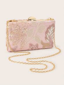 AIBBYDAR Women's Evening Clutch (Random Floral Pattern) Pink Beaded Ladies Handbag, Box-Shaped Bag With Snap Closure, Suitable For Evening Dresses, Portable Wallet, Cosmetic Bag With Detachable Metal Shoulder Strap, Suitable For Balls, Parties, Gatherings, Weddings, Holiday Parties - Baby Pink - View 6